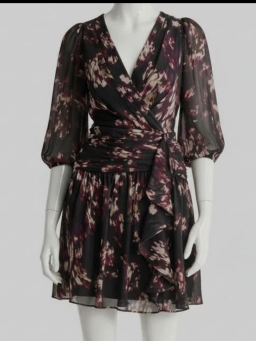 NWT DKNY Women’s Floral Wrap Dress Size 6 Black Long Sleeve Ruffle Midi Dress